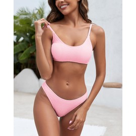 Fanuerg Women's Ribbed Bikini Sets Scoop Neck Cheeky Swimsuit Textured Two Piece Bathing Suit Light Pink S