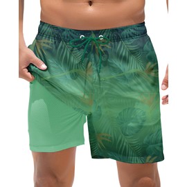 BOJIN 2 in 1 Mens Swim Trunks with Compression Liner 5.5" Inseam Quick Dry Bathing Suit Shorts with Zipper Pockets Gradient Green Leaf L