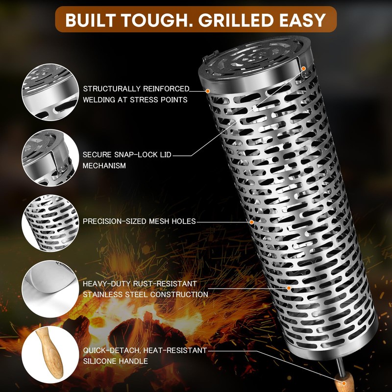 Rolling Grill Basket for Outdoor Grill, BBQ Cage for Vegetable/Veggies