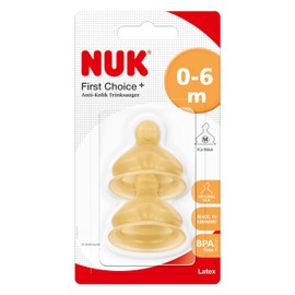NUK First Choice+ Latex Teat, for a Natural Feeling When Drinking, Orthodontic Shape, Size 1 (0-6 Months) Pack of 2