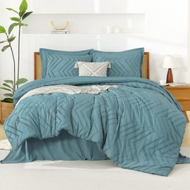 Litanika Grayish Teal King Size Comforter Set with Sheets - 7 Pieces Bed in a Bag King Boho Tufted Complete Bedding Sets with Comforter, Sheets, Pillowcases & Shams