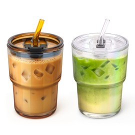 Cafezi 13 oz Glass Tumbler with Glass Straw and Lid, Leak-Proof Reusable Travel Cup for Iced Coffee, Tea, Matcha, Fruit Juice – Thick Wall Clear Water Bottle (Amber & Iridescent Shimmer, 2 Pack)