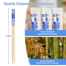 SEMORK 100 Pairs Bamboo Chopsticks Disposable Premium Bulk Separated Individually Wrapped Chinese Styles Blue and White Porcelain chop sticks(9.45in)