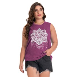 Plus Size Tops for Women Sleeveless Summer Tank Top Loose Fit Casual Tunics Shirts (Purple Flower, 2XL)