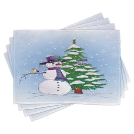Ambesonne Christmas Place Mats Set of 4, Snowman in The Winter Mistletoe Present Top Hat and Scarf Tree and Bird, Washable Fabric Placemats for Dining Table, Standard Size, Green Blue