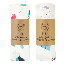 ALBOYI 2 Pack Baby Muslin Washcloths, Soft and Absorbent Baby Bath Towel 120cm x 110cm, Organic Cotton Moon and Car Cartoon Reusable Newborn Towel, Squares Muslin Washcloth Blanket for Newborn