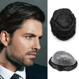 Men's Hair Piece Toupee Real Human Hair Replacement System Men's Toupee Durable PU Iniection Hairpiece For Mens Protesis Capilar Para Hombre 8''X10'' #1 Jet Black
