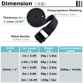 YAPJEB Cargo Tightening Belt, Luggage Belt, Lashing Belt, Tie-Down Belt, 3.9 ft (1.5 m), 2.3 ft (3 m), 1.6 ft (3 m), Width 1.0 ft (2.5 cm), Packing Belt, Load Tightener, Bicycle, Motorcycle, Cargo