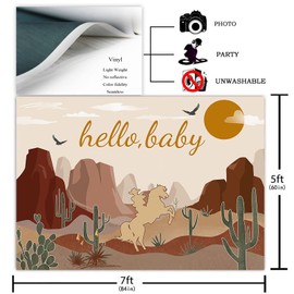 Avezano Hello Baby Baby Shower Backdrop Retro Cowboy Baby Shower Party Decorations Western Desert Cactus Cowboy Horse Party Photoshoot Background Supplies (7x5ft)