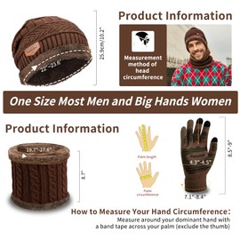 Petrunup Mens Winter Hat Loop Scarf and Gloves Touchscreen Warm 3Pcs Set with Fleece Liner Unisex Thermal Beanie Snood Knitted Mittens Brown