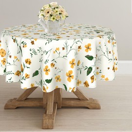 Round Tablecloth 60x60 Inch, Waterproof Wrinkle Resistant Durable Polyester Tablecloth Yellow Floral Tablecloth for Indoor and Outdoor, Holiday Farmhouse Kitchen Dining Room and Party