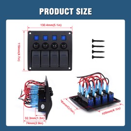 GGTA 4 Gang Marine Switch Panel Waterproof,Boat Rocker Switch Panel Waterproof 12V/24volt Toggle Switch On/Off Blue LED Light with Circuit Breaker 4gang10A for Car RV UTV Truck