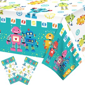 2 Pack Disposable Plastic Tablecloths, Cartoon Robot Tablecloths, 87 x 51 Inch Table Decorations, Children's Holiday Party Decoration Table Cover