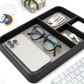 PU Leather Valet Tray, Stylish and Organized Entryway Bedside Desk Tray, EDC Catchall Tray for Phone Keys Watch Wallet Jewelry (Black)