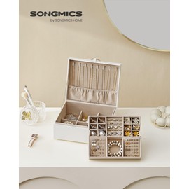SONGMICS 2-Layer Jewelry Box, Jewelry Organizer with Handle, Removable Jewelry Tray, Jewelry Storage, Floating Effect, 8.1 x 9.4 x 4.3 Inches, Gift Idea, White UJBC165W01