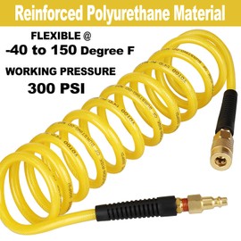 YOTOO Reinforced Polyurethane Recoil Air Hose 1/4" Inner Diameter by 10' Long, Heavy Duty, Flexible Air Compressor Hose with Bend Restrictor, 1/4" Swivel Industrial Quick Coupler and Plug, Yellow