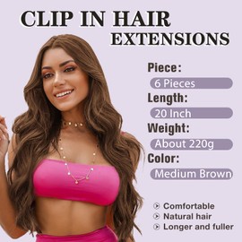 NAYOO Clip in Hair Extensions for Women 20 Inch Long Wavy Curly Medium Brown Hair Extension Full Head Synthetic Hair Extension Hairpieces (6PCS,Medium Brown)