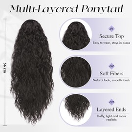Sofeiyan Ponytail Hairpiece with Clip, 56 cm Long Wavy Curly Ponytail Extension Claw Clip-In Synthetic Hair Extension Braid for Women, Black Brown