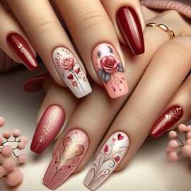 24 Pcs Valentine’s Day Press on Nails Long Coffin Fake Nails with Glue Flower False Nails with Heart Pattern Design Glossy Full Cover Glue on Nails Valentine’s Day Stick on Nails for Women