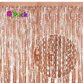 4 Pack Rose Gold Backdrop Birthday Decorations - 3.3x6.6ft Wavy Tinsel Foil Backdrop Party Streamer Party Supplies Background | Tinsel Curtain Backdrop for Parties