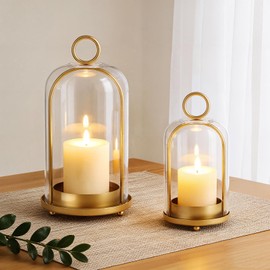 Metal Candle Holder, 5"&4" Wide Hurricane Glass Candle Holders with Handmade Glass Dome, Hanging Brass Candle Lantern for Pillar Candles, Table Coffee Decor, Interior Decoration (Not Included Candles)