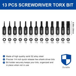 DAKCOS Torx Bit Set 13-Piece T4, T5, T6, T7, T8, T9, T10, T15, T20, T25, T27, T30, T40, Screwdriver Bit Set Torx Made of S2 Steel, T-Profile with Bore, Length: 25 mm