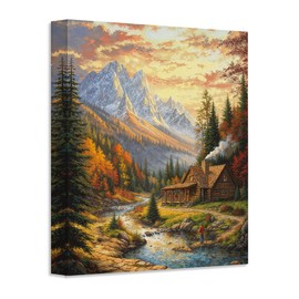 The Fishing Cabin Autumn Landscape Rustic Painting 28x36 Stretched Canvas - Cozy Log Mountain River Scene, Tranquil Fall Forest Artwork, Stream Art, Snow-Capped Peaks, Outdoor Wilderness Retreat Décor