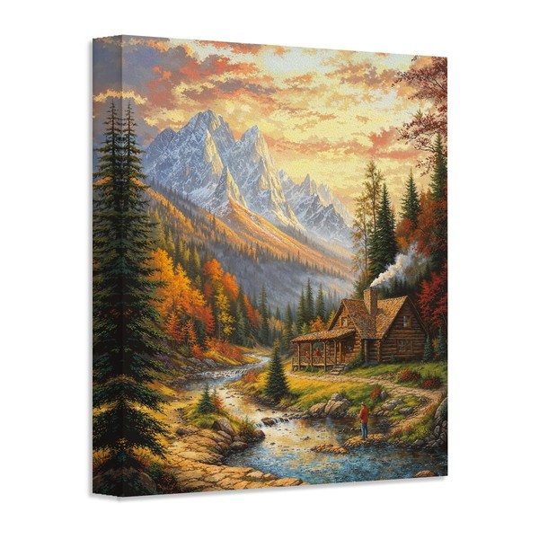 The Fishing Cabin Autumn Landscape Rustic Painting 28x36 Stretched Canvas