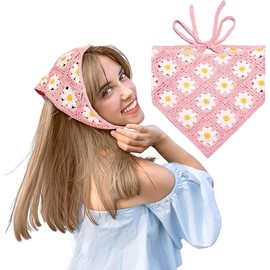 Floral Crochet Bandana for Women Knitted Head Scarf Soft Flower Hollow Headbands Fashion Hair Accessories (Pink, One size)