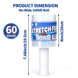 TAPEBEAR Stretch Wrap Film 4" x 1000Ft Shrink Wrap Roll with Handle, 60 Gauge Thick Durable Self-Adhering Clear Plastic Wrap Industrial Strength Pallet Shrink for Moving, Packing
