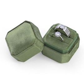 Sightor Velvet Ring Box, Octagon Velvet Jewelry Ring Box Storage 2 Slots Ring Holder Box for Proposal, Engagement, Wedding Ceremony (Olive Green)