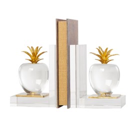 Deco 79 Crystal Fruit Decorative Bookends Apple Non Skid Bookends with Gold Leaves, Set of 2 Office Bookends4 W, 6" H, Clear