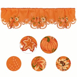 Simhomsen Embroidered Rod Pocket Fall Autumn Thanksgiving Pumpkins Kitchen Window Curtain Valance W 58 × L 14 Inches (Orange Pumpkins)