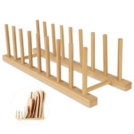 SAMEBUTECO Bamboo Wooden Dish Racks Plate Stand Holder Kitchen Cabinet Organizer 8 Slots Dish, Pots, Lids, Bowls, Cups, and Cutting Boards and Books Vertical Drainer