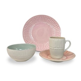 Artesa Color Full Mix Match 4 Dinnerware Set -4 Piece Handmade Ecuadorian Ceramic, Pink & Mint with Embossed Pattern, Plates, Bowls & Cups, Lead-Free, Microwave Safe, 11.4-Inch Plates