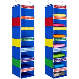 Amylove 2 Pcs 7 Shelf Weekly Hanging Closet Organizer 11.8 x 11.8 x 50 Inches Daily Activity Kids Clothes Storage Organizer Drawers Kids Hanging Cube Organizer Drawers Closet Hanging Shelves (Blue)
