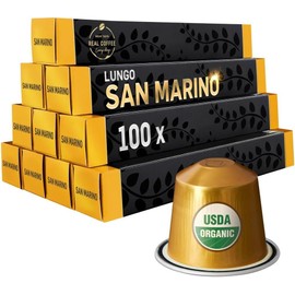 ‘San Marino’ Organic Italian Lungo for Nespresso | 100 Organic Aluminum Capsules | Eco-Friendly Medium Roast | 100% Nespresso Compatible Pods | Fairtrade