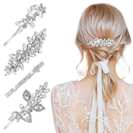Ouligay 4PCS Silver Rhinestone Hair Clips Barrettes for Women Crystal Hair Pins Bridal Prom Accessories