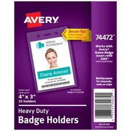 Avery Heavy-Duty Clear Badge Holders, Fits Inserts up to 4" x 3", Portrait, 25 Holders (74472)
