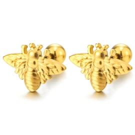 Delicate Gold-Tone Bee Stud Earrings, Screw Back, Steel, Nature-Inspired Fashion, Statement Jewelry
