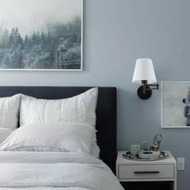 Modern Swing Arm Wall Mount Light Plug in, Corded Wall Lamps with White Fabric Shade, Black Metal Adjustable Wall Sconce, Wall Mount Lamp for Bedroom, Living Room, Bedside