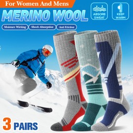 Merino Wool Ski Socks for Mens Womens Winter Thermal Warm Thick Knee High Snowboarding Skiing Socks for Cold Weather 3 Pairs Gifts Stocking Stuffers(Red/Green/Deep Blue,M)