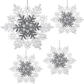 Snowflake Christmas Ornaments - White and Silver Glittered Snowflakes Each is 8.5" D - Set of 4