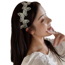 scicent Hairbands 2 Pieces Butterfly Headband with Pearl Five Mesh Embroidery Butterfly Hair Band Fashion Headpiece Festival Party Costume Hair Accessories for Woman and Girls (White+Grey) - 23426