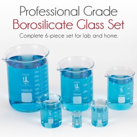 Karter Scientific, 3.3 Boro, Griffin Low Form, Glass Beaker Set - 6 Sizes - 10ml, 50ml, 100ml, 250ml, 500ml, 1000ml