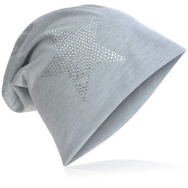 Jersey Slouch Beanie Long Hat Star with Rhinestone Star Appliqué, lightgrey, Unit size
