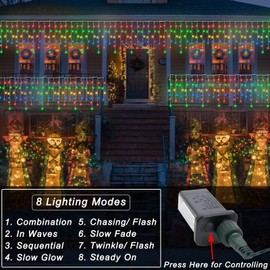 Pooqla Christmas Icicle Lights Outdoor Decoration, Colorful LED String Lights Lights 8 Modes, 30FT 300LED Hanging Roof Lights 60 Drops for Window Home Party Garden Yard Christmas Decoration