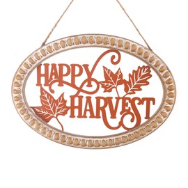 BAYSBAI Happy Harvest Sign Farmhouse Autumn Wall Decor Orange Metal Thanksgiving Wall Decorations for Home Hanging Fall Decor with Wooden Beaded Frame Rustic Holiday Front Door Sign