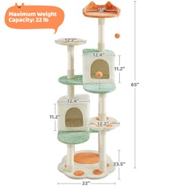 Yaheetech 65in Cat Tree, Cat Tower with Heart-Shaped Platform, Hanging Ball, Double Condos, Scratching Posts for Indoor Cats, Cat Climbing Frame Bed Furniture, Beige & Green & Orange