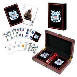 Military Gift Shop USCG Playing Cards with Dice – Wooden Keepsake Box Adorned with Metal USCG Medallion.- Veteran Owned Business